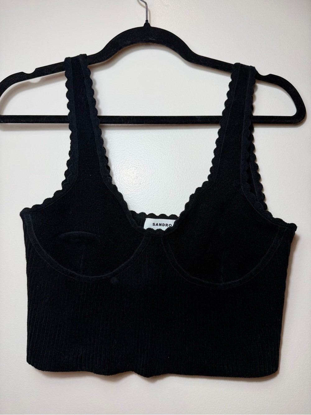 Sandro Black Ribbed Knit Sweetheart Neck Cropped Tank Scalloped Trim Womens 4